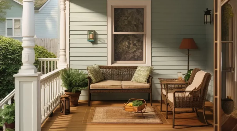 A porch with furniture and plants on the side.