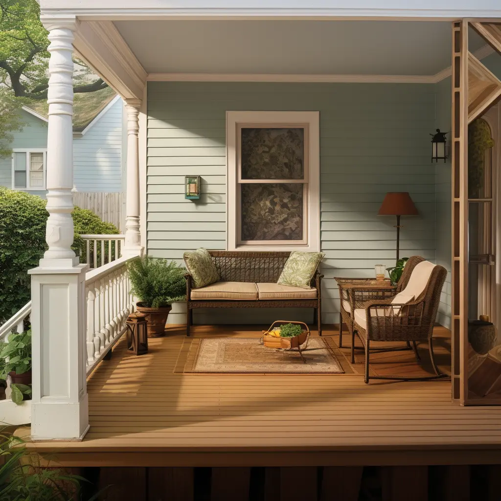 A porch with furniture and plants on the side.