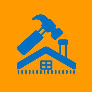 A blue icon of a hammer and wrench on top of a house.