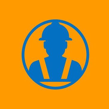 A construction worker in an orange circle.